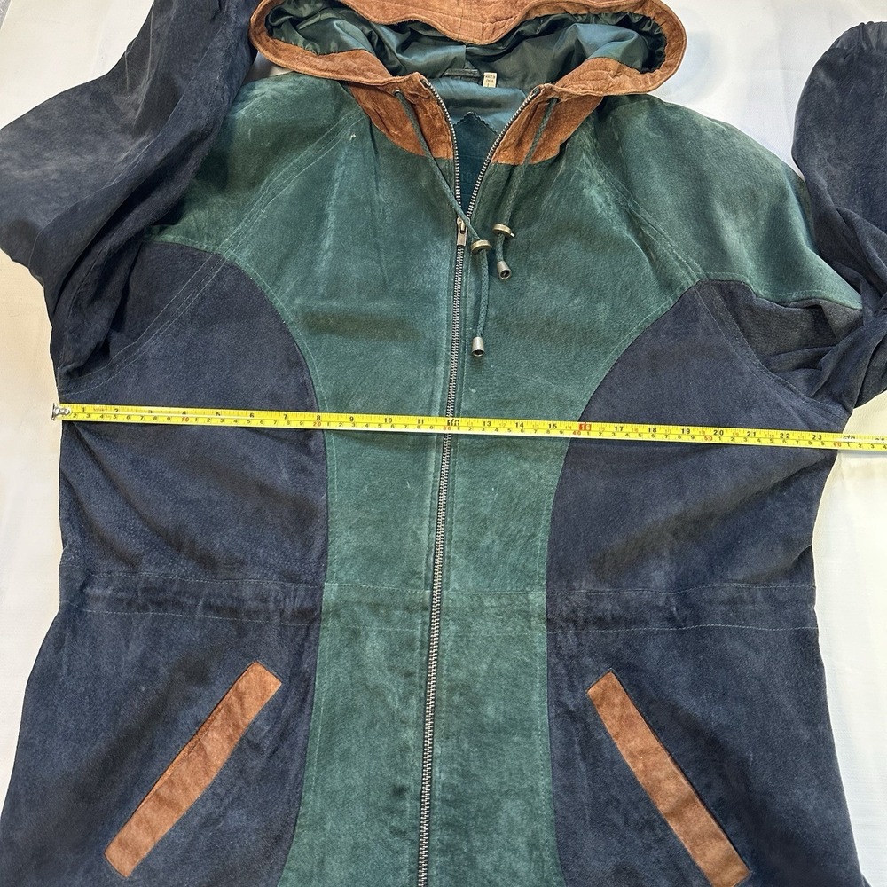 Vtg Preston & York Suede Leather Jacket LG Hooded Colorblock Drawstring Waist - Picture 6 of 16